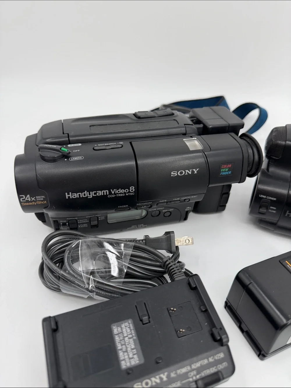 2 Sony Black Video Camcorder Kit with Blue Strap and AV Cables Not Tested